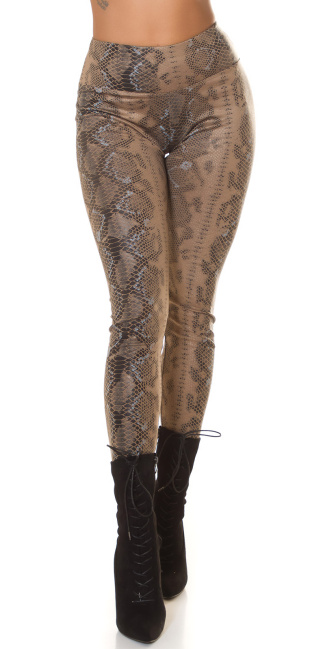 hoge taille faux leder leggings met slangen-print bruin